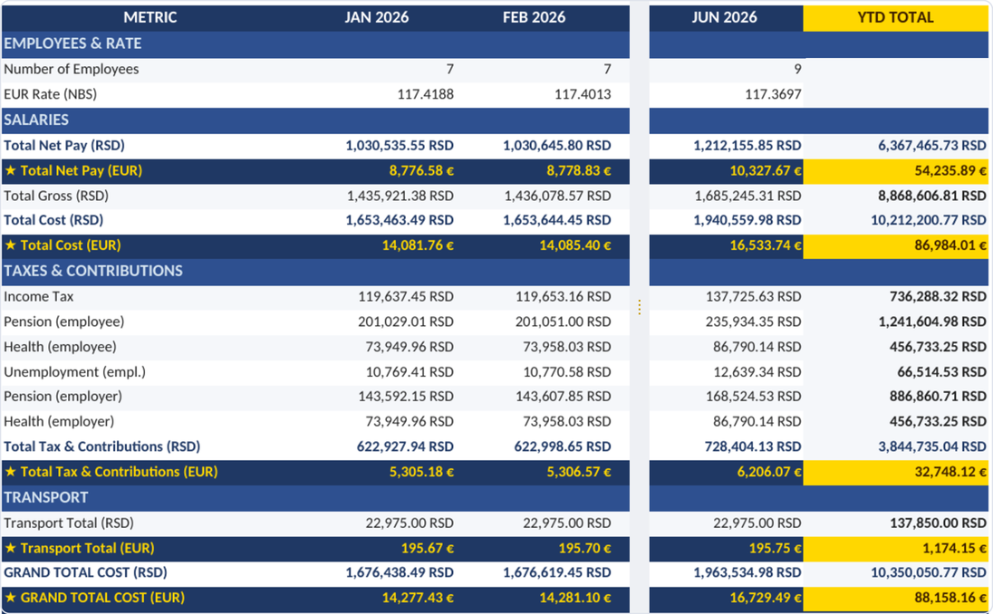Annual payroll summary in RSD and EUR, month by month, with year-to-date total