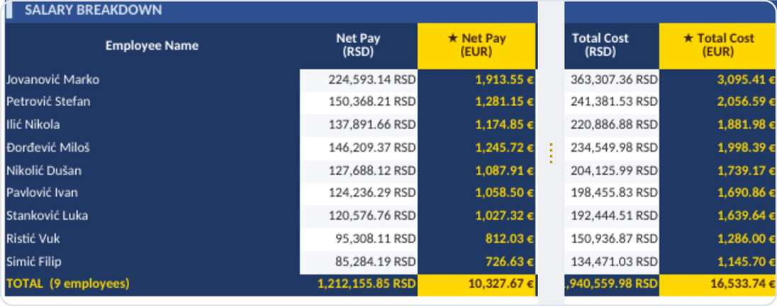 Monthly salary breakdown per employee: net pay and total cost in RSD and EUR